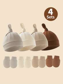 4 zestawy czapeczek do smoczka dla noworodków z serii Brown + zestaw rękawiczek antypoślizgowych, odpowiednie do codziennego użytku dla niemowląt