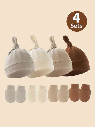 4 套新生儿棕色系列奶嘴帽 + 防刮手套套装，适合宝宝日常使用