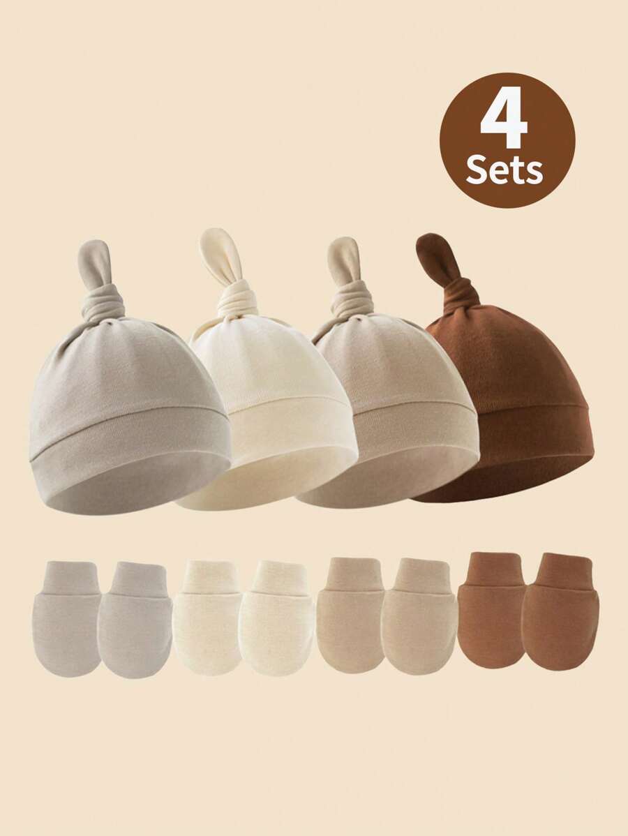 4 zestawy czapeczek do smoczka dla noworodków z serii Brown + zestaw rękawiczek antypoślizgowych, odpowiednie do codziennego użytku dla niemowląt