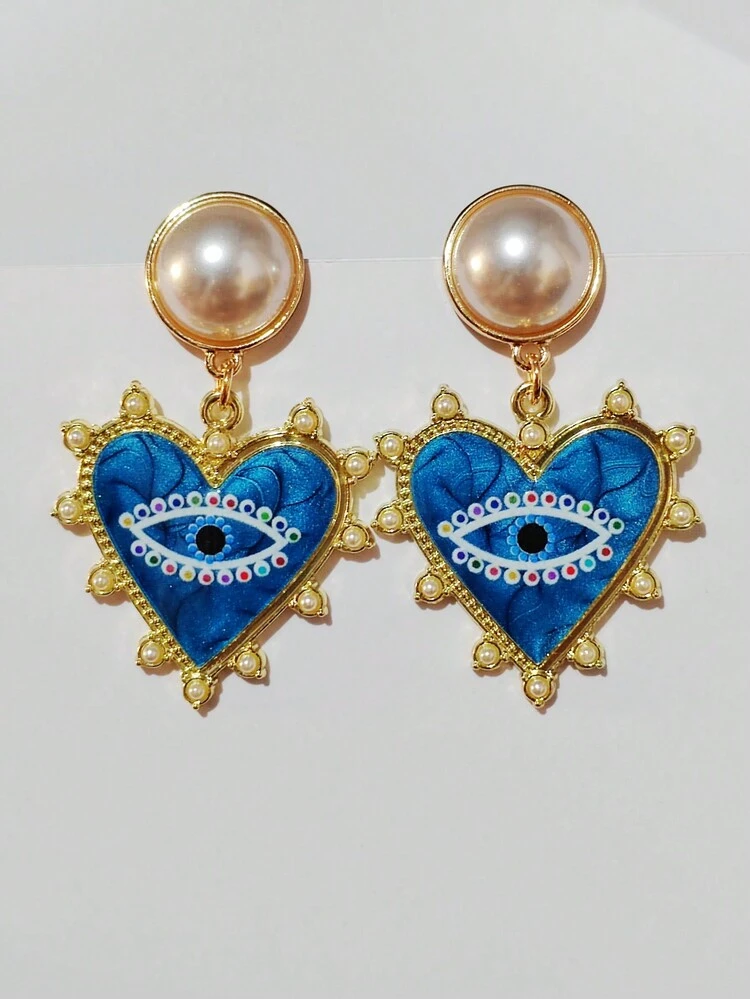 Conjunto de joyería para mujer con collar y aretes con cadena, forma de corazón y ojo del mal azul - conjunto de joyas de mal de ojo - Añade 3