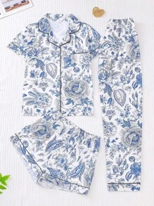 3pcs Floral Printed Women's Pajama Set, Includes A Collared Short Sleeve Top And Loose Elastic Shorts & Pants, Casual Women's Sleepwear And Loungewear - Baby Blue - View 1