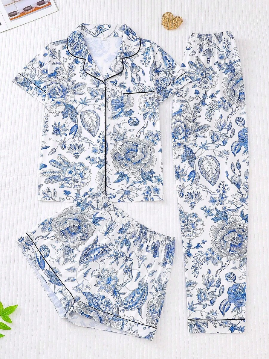 3pcs Floral Printed Women's Pajama Set, Includes A Collared Short Sleeve Top And Loose Elastic Shorts & Pants, Casual Women's Sleepwear And Loungewear - Baby Blue - View 1