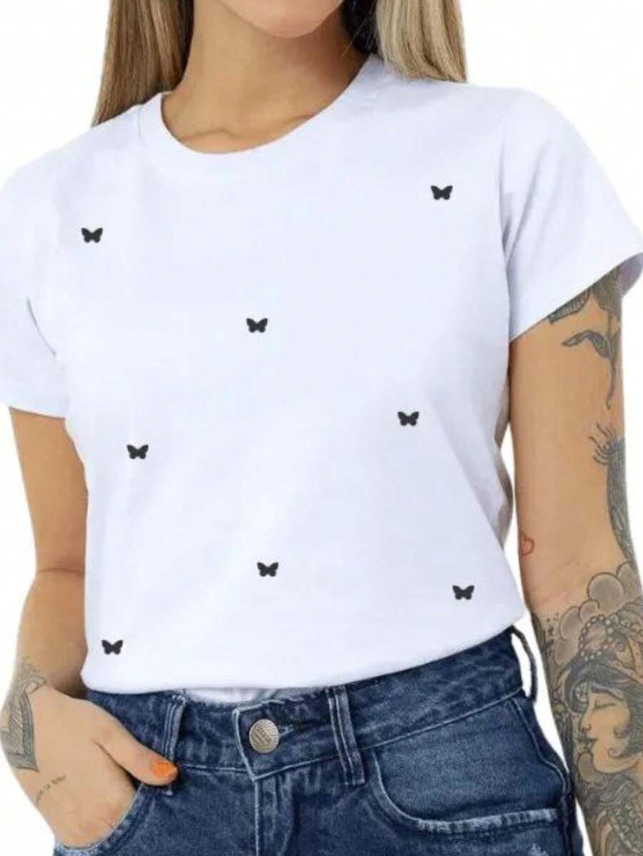 T-Shirt Feminina de Agodão Mini Borboletinhas