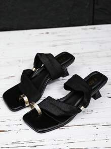 Women's Summer Satin High Heel Sandals, Fashionable Square Toe Thin Heeled Slip-On Shoes, Suitable With Dress