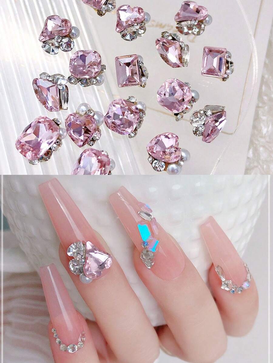 5 款美甲粉钻珠宝产品，包括心形、方形、直角女孩粉色、水晶指甲、大钻石、指甲饰物、美甲用品、指甲贴花和指甲钻产品美甲饰物指甲设计指甲指甲饰物指甲美甲美甲宝石 DIY 指甲水钻指甲宝石 - 彩色 - 查看 1