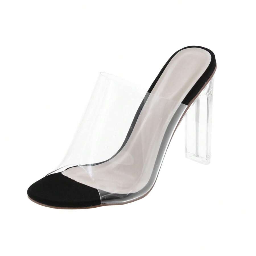 Women's Clear Open Toe Single Band Chunky Heels Mules High Heels Slip On Slide Sandals