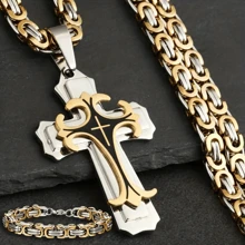 2pcs/Set Men's Retro Cross Pendant Necklace And Simple Bracelet, Stainless Steel Jewelry Set For Men - Gradient Gold - View 1
