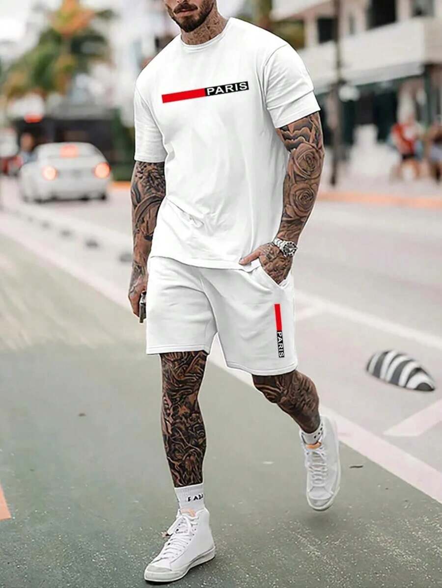 Paris Men's T-Shirt And Shorts Set Men's T-Shirt And Men's Shorts 227 - trắng - Xem 1
