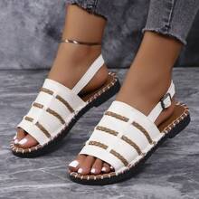Sandalias planas para mujeres, sandalias/pantuflas planas con hebilla ajustable de tejido, unicolor, punta abierta, antideslizantes para interiores y exteriores, color blanco - Blanco - Ver 3