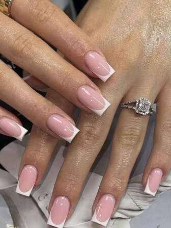 24Pcs Square Artificial Nails, French Manicure Design, White Color - Includes Nail File & Gel Nail Adhesive Press On Nails Nail Supplies Nails