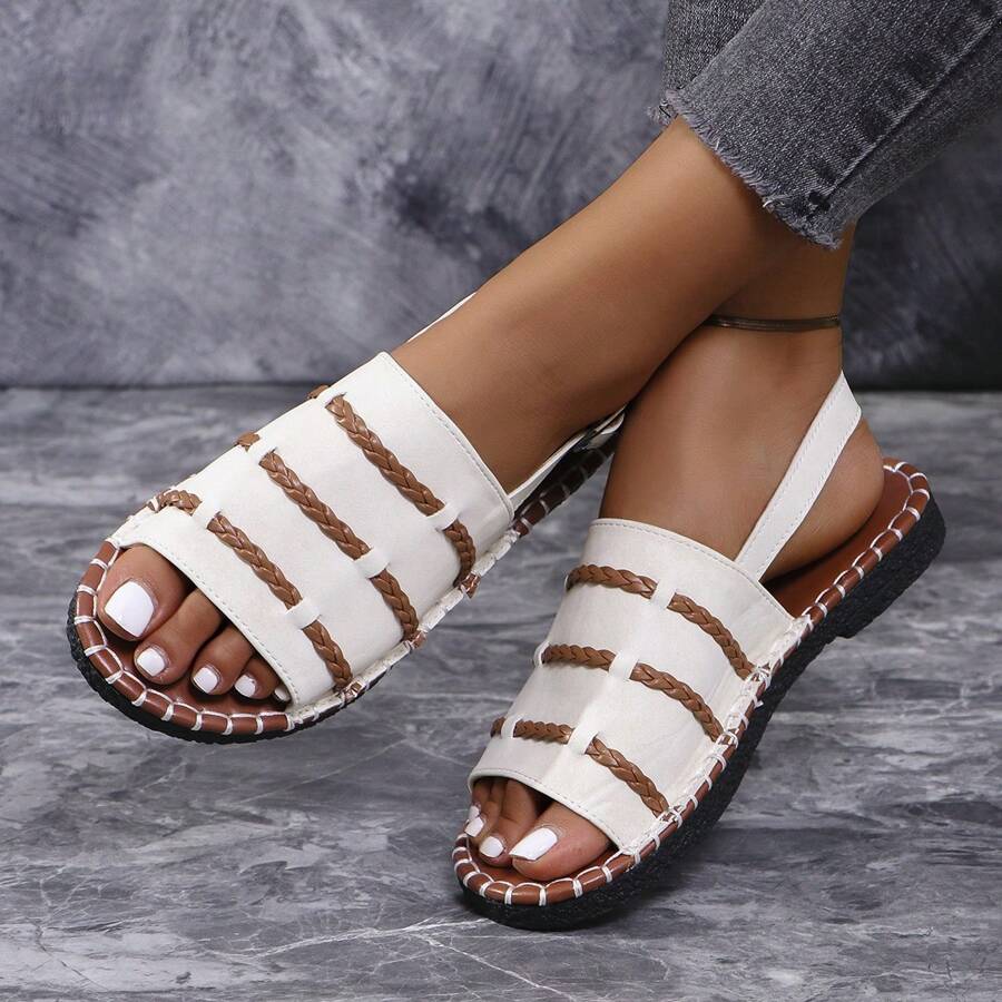 Sandalias planas para mujeres, sandalias/pantuflas planas con hebilla ajustable de tejido, unicolor, punta abierta, antideslizantes para interiores y exteriores, color blanco - Blanco - Ver 1