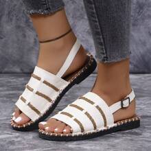 Sandalias planas para mujeres, sandalias/pantuflas planas con hebilla ajustable de tejido, unicolor, punta abierta, antideslizantes para interiores y exteriores, color blanco - Blanco - Ver 5