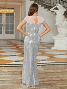 Women's Long Party Dress Silver Sequins Transparent Panel Fringed Round Neck Short Sleeve - 銀色 - 查看 2