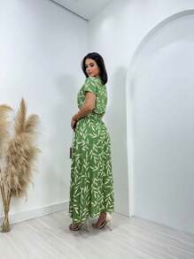 Steve Store Women's Fashion Skirt Set With Blouse With Short Sleeves Viscolinho Fabric - 綠色 - 查看 2