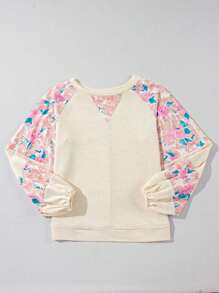 Boho Retro Vintage 60's Vibe Cream Cotton Raglan Lantern Bubble Puff  Sleeve  Floral Rib Patchwork Top Sweat Shirt Blouse - Màu be - Xem 3