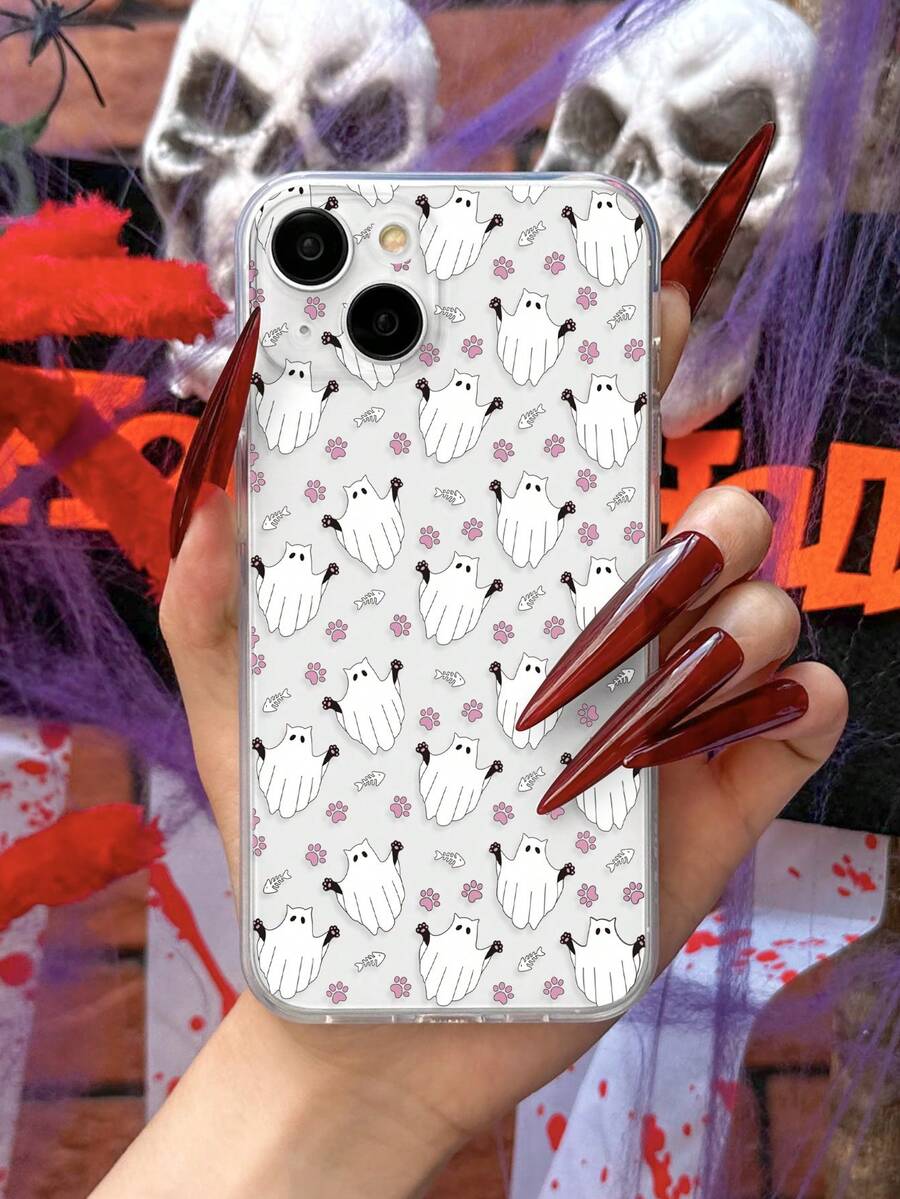 1pc Halloween Black Cat, Ghost, Cat Paw, Fish Bone Cute Pattern Shockproof Transparent Soft Phone Case Compatible With IPhone 11/12/13/14/15 Pro Max