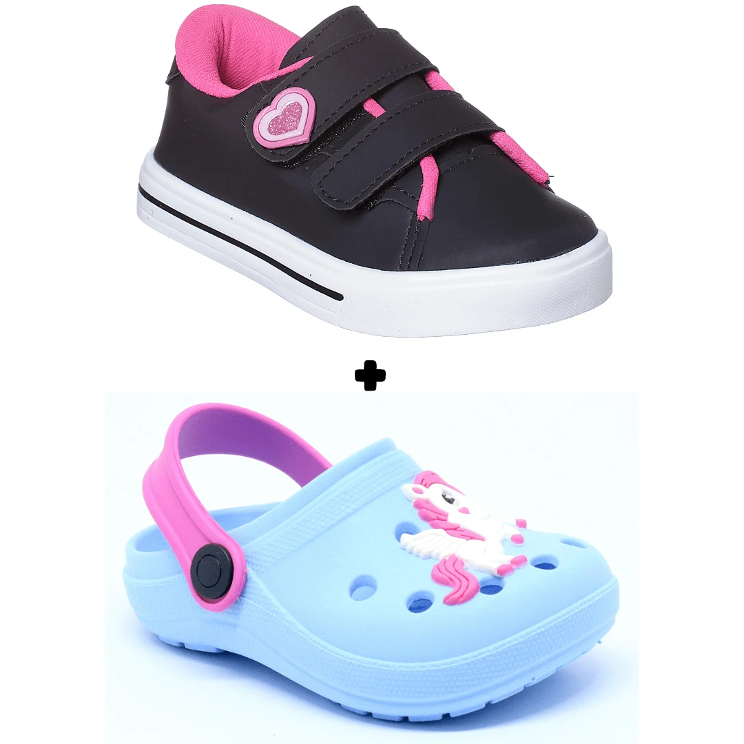 Kit 1 Children's Sneakers For Girls Plus Babuche Children's School Fashion - 黑色 - 查看 1