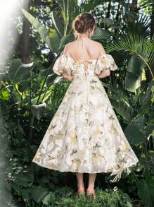 Elegant Off Shoulder Puff Sleeves Floral Jacquard Homecoming Prom Dress Perfect For Back To School, Gathering, Dance & Cocktail Events - White - View 3