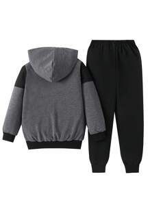 2 件套 男孩撞色拉链连帽夹克和裤子套装