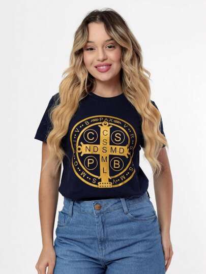 T-Shirt Feminina Católica Medalha de São Bento Blusa Cristã de Algodão