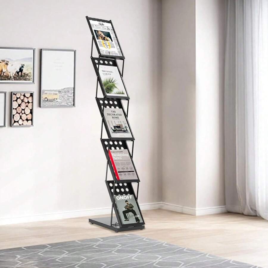 HOHOBLA LOYALHEARTDY-BTG Brochure Display Stand & Foldable Magazine Rack With 5 Pockets Metal Catalog Literature Rack For Exhibition And Trade Show Black(10.62"W X 15.74"D X 62.99"H)[Best Gift For Family&Friends]