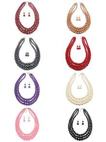 1pc Pearl Decor Multilayer Black Necklace And Earrings Jewelry Set - Black - View 2