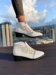 Giày bốt thời trang nữ, thiết kế thời trang ren tương phản thoải mái, giày bốt cổ ngắn có khóa kéo sau, giày bốt cao đến giữa bắp chân, hàng mới về mùa thu/đông, phong cách và thoải mái - trắng - Xem 5