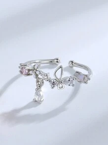 Nooxian 1pc Adjustable Silver Color Blooming Flower Micro Pave Zirconia Stone Ring For Women Valentines - Silver - View 4