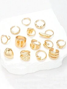 14pcs Exaggerated Smooth Asymmetrical Shape Rings Set For Women, Casual Everyday Wear, Girlfriend/Birthday Gift - Phong cách 2 - Xem 3