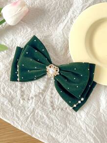 1pc Girls Fashion Crystal & Pearl Butterfly Decorated Barrette, Without Card Packaging - Dark Green - View 2