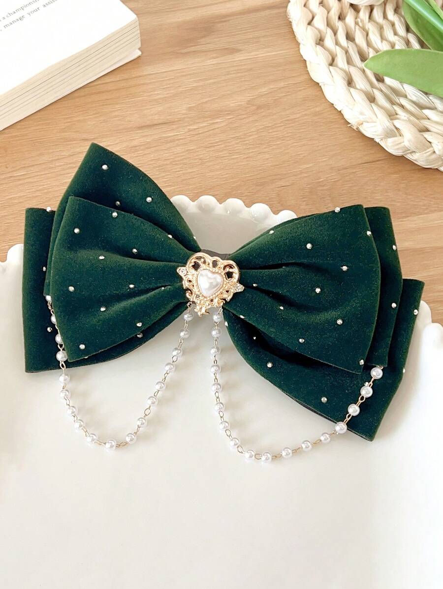 1pc Girls Fashion Crystal & Pearl Butterfly Decorated Barrette, Without Card Packaging - Dark Green - View 1