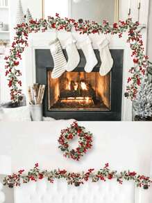 2 piezas 2M Guirnalda de hojas de acebo artificial, guirnalda de luces, guirnalda de bayas rojas, adorno DIY para árbol de Navidad, decoración para fiesta - Multicolor - Ver 1