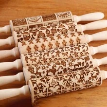 1pc Wooden Christmas Embossed Rolling Pin, Christmas Deer, Snowflakes, Snowman, Xmas Bells, Canes, Ice Boots Pattern Xmas Cookie Mold For Baking Tools Christmas Decorations Christmas Decor Christmas Gifts Christmas Party Supplies