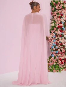 Váy bầu màu trơn hở lưng xẻ cao gợi cảm thanh lịch kèm áo choàng voan mỏng cho tiệc - Hồng - Xem 6