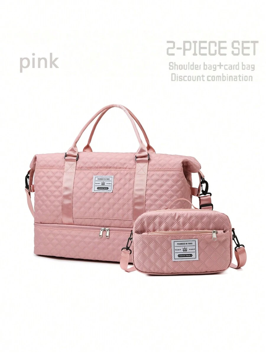2pcs/Set Large Capacity Travel Tote Bag, Wet & Dry Separation Gym Bag, Weekend Overnight Shoulder Bag, Hospital Diaper Bag, Travel Bag, Vacation Bag, Weekend Bag, Overnight Bag, With Trolley Strap, Shoe Compartment, Carry-On Bag, Cosmetic Organizer, Suitable For Suitcase, Gym Bag, Travel Tote, Personal Bag, College Bag, Luggage Bag, Weekend Bag, Hospital Bag, Pink Winter Bag, School Supplies Bag