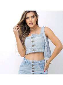 Women's Cropped Jeans Top Buttons Elastic Back Without Pads Without Elastane - Blue - View 1