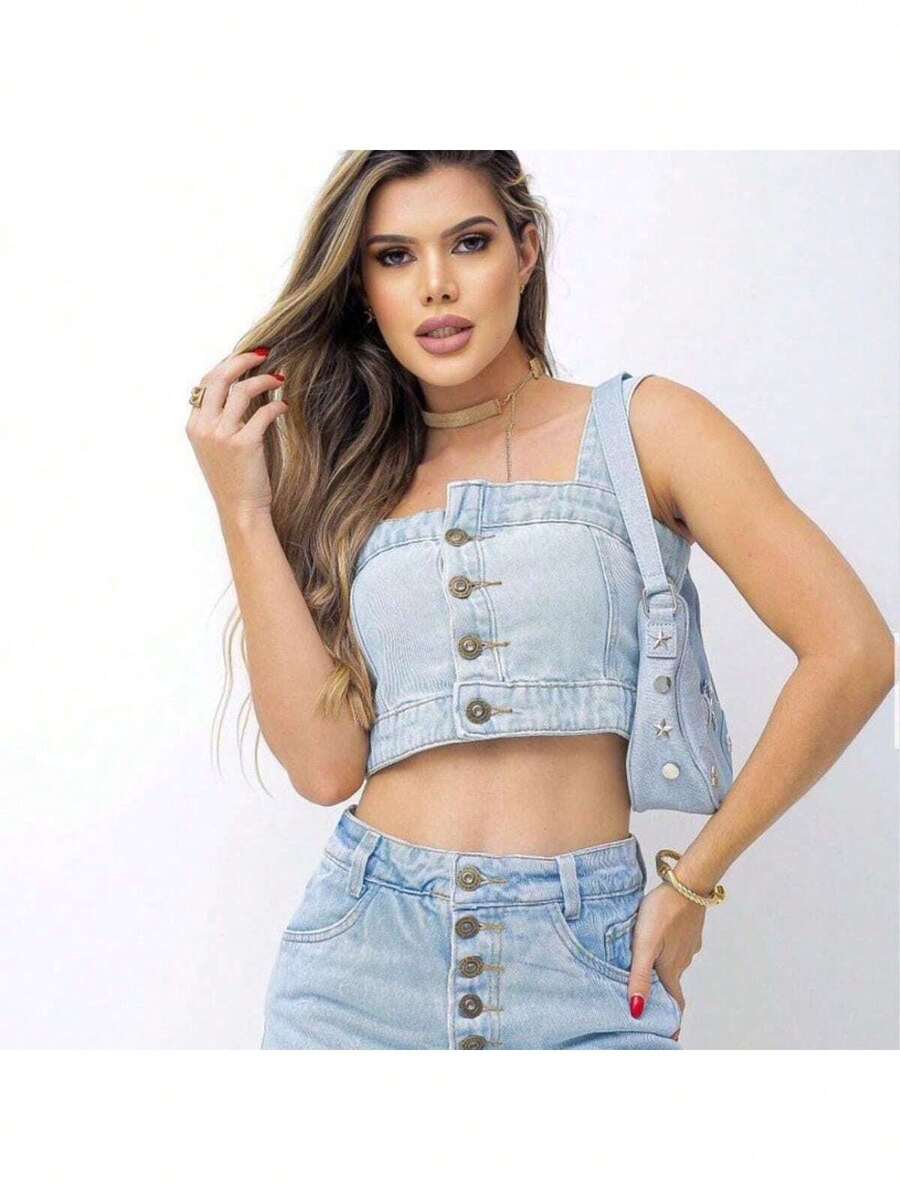 Women's Cropped Jeans Top Buttons Elastic Back Without Pads Without Elastane - Blue - View 1