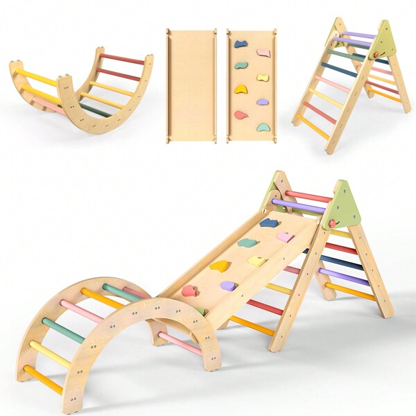 Pikler Triangle Set Montessori Toddler Climbing Toys Indoor, Foldable Climbing Toys For Toddlers 1-3 Inside, 3 Piece Baby Climbing Gym Indoor Playground