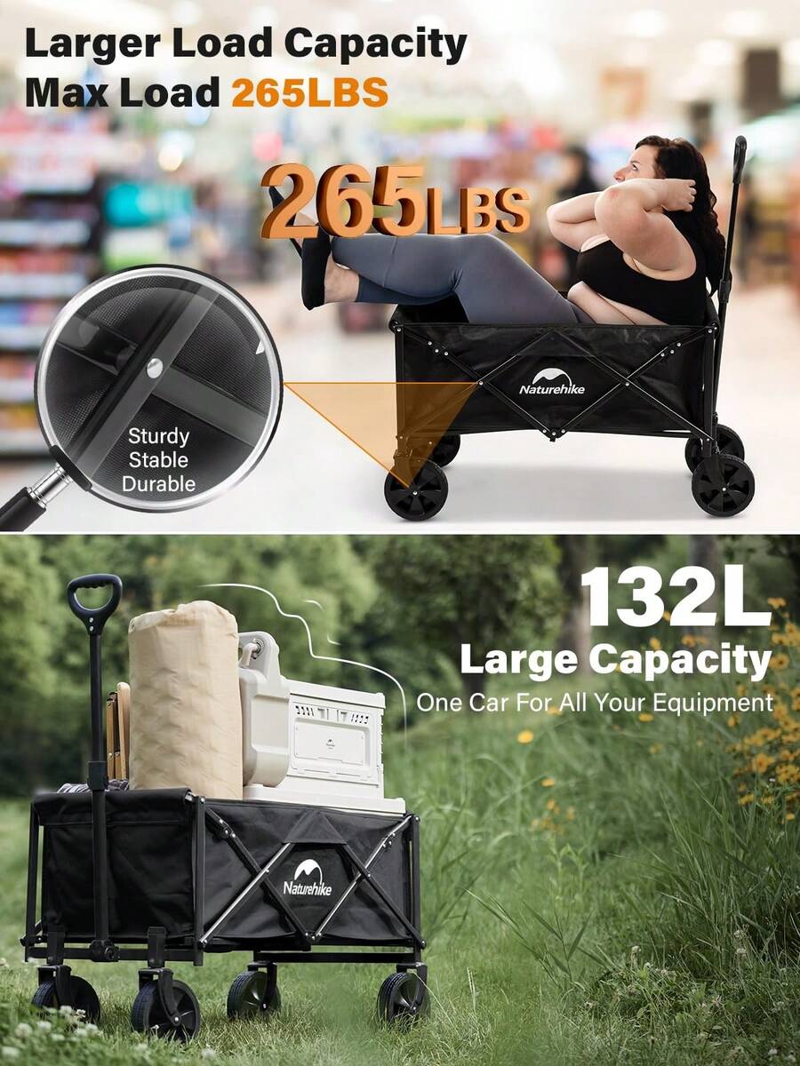 Naturehike Beach Wagon With Big Wheels For Sand, 265LBS Collapsible Wagon Cart, Foldable Portable Heavy Duty Garden Wagon Cart - Large Capacity Utility Wagon For Shopping,Camping,Garden,Sports,Grocery - Black - View 1