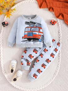 Baby Jungen 2-teiliges Set, niedlich & Autoprint Langarm-Sweatshirt und Hose, Herbst Outfit