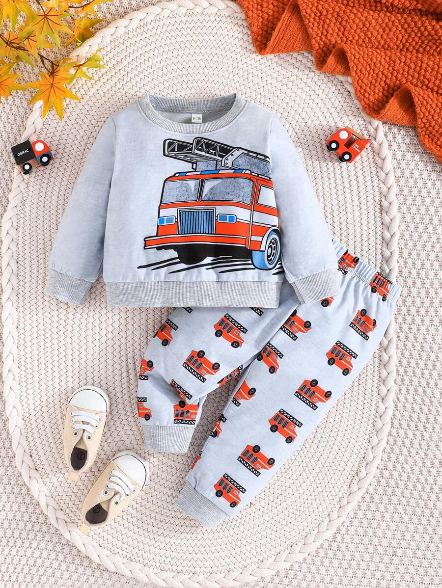 Baby Jungen 2-teiliges Set, niedlich & Autoprint Langarm-Sweatshirt und Hose, Herbst Outfit