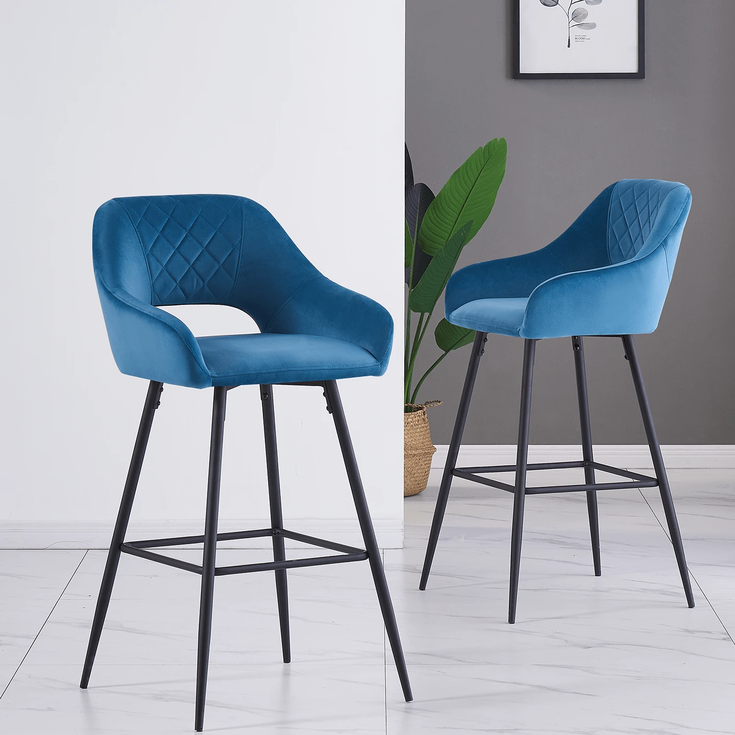 Bar Stools Set Of 2 Dark Teal Velvet Padded Bar Chairs With Footrest