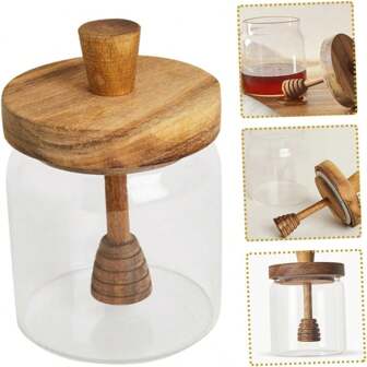 1pc Premium Large Glass Honey Jar Seasoning Jar With Wooden Stirrer - High Borosilicate Glass, Transparent, Airtight, Kitchen Storage Essential - Elegant Wooden Stirring Stick Included For Easy Serving, 16.9ozChristmas Gift