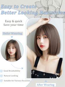 Peruca Bobo Curta de 12 Polegadas, Cabelo Liso Marrom, Peruca de Cabelo Sintético Resistente ao Calor para Uso Diário e Natural
