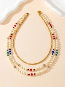 1pc Fashionable & Versatile Handmade Design Glass Pearl Necklace, Available In Wine Red, Emerald Green, Azure Blue, Copper Rhinestone Circle Snake Chain - Multicolor - View 6