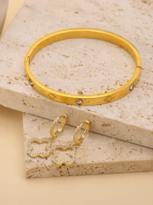 Bộ 2 chiếc vòng tay và hoa tai Lucky Clover bằng thép không gỉ sang trọng dành cho nữ ngày lễ tình nhân, mẹ, mẹ, ngày của mẹ, quà tặng - Vàng - Xem 3