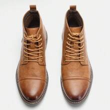 Botas de trabajo retro para hombre, puntera redonda, tacón grueso, Top en dos tonos, suela de goma, costura en beige AL633 - Amarillo Mostaza - Ver 4