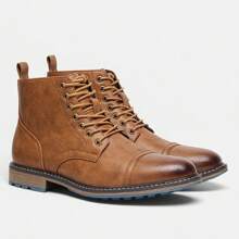 Botas de trabajo retro para hombre, puntera redonda, tacón grueso, Top en dos tonos, suela de goma, costura en beige AL633 - Amarillo Mostaza - Ver 5