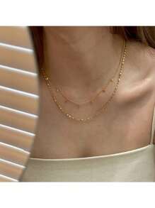 1pc Gold-Color Double Layered Tassel Beaded Stainless Steel Necklace For Men & Women, Simple, Street Style, Casual