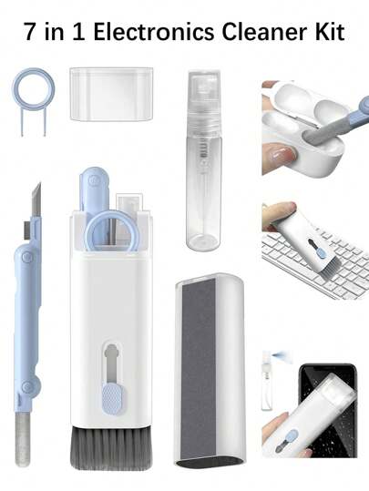 Kit de limpieza 7 en 1 con teclado de computadora, auriculares, limpiador de pantalla, rociador - limpiador de teclado, kit de limpieza de teclado, limpiador de computadora portátil con cepillo, limpiador compatible con AirPods Pro, iPad, iPhone, iPod, AirPod/computadora portátil/teléfono móvil/computadora/auriculares/electrónicos